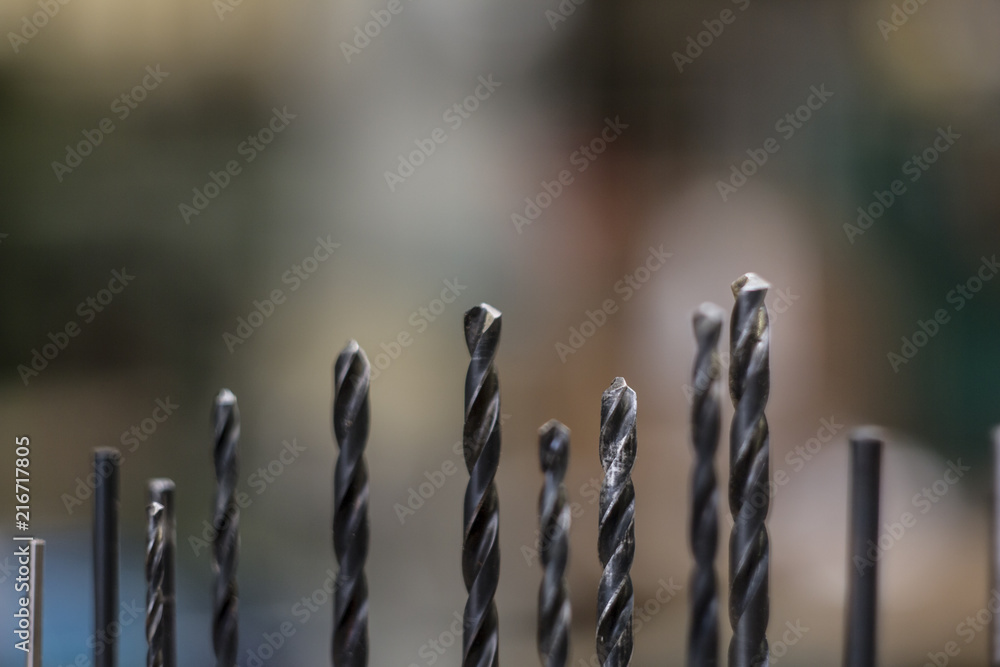 Used drill bit selection collection in a metal and steel processing factory work shop Used drill bit selection collection in a metal and steel processing factory work shop