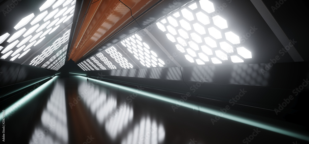Sci-Fi Futuristic Dark Long Triangle Shaped Ship Tunnel With Hexagon White Lights And Reflected Materials 3D Rendering