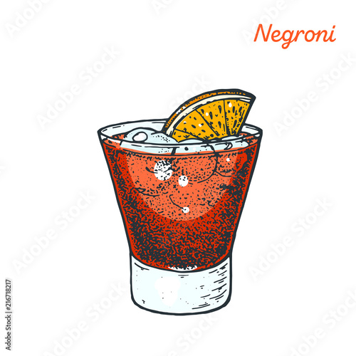 Negroni cocktail illustration. Alcoholic cocktails hand drawn vector illustration.