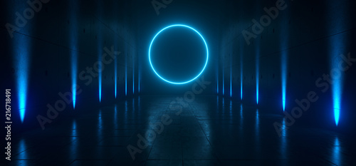 Fototapeta Naklejka Na Ścianę i Meble -  Empty Dark Futuristic Sci Fi Big Hall Room With Lights And Circle Shaped Neon Light On  Refelction Surface 3D Rendering