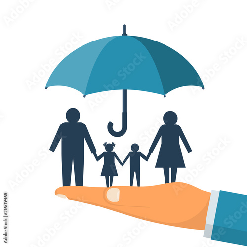 Family protection. Insurance concept. Vector illustration flat design. Isolated on white background. Paper chain people. Agent hold umbrella hand protects the family. Health care, safety. helping.
