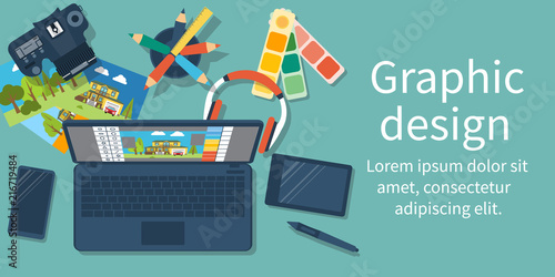 Abstract concept of development of graphic design. Flat design style, vector illustration. Workplace designer with modern equipment digital devices to photograph. Software processing photo.