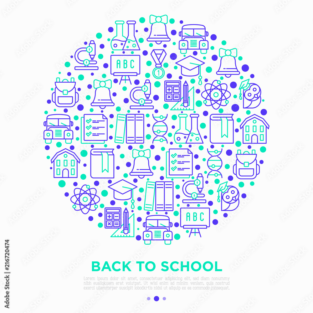 Back to school concept in circle with thin line icons: backpack, bell, book, microscope, knowledge, owl, graduation cap, bus, chemistry, mathematics, biology. Vector illustration, print media template