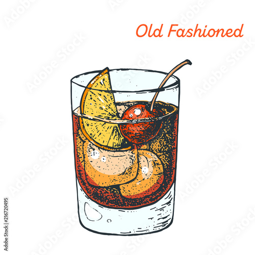 Old Fashioned cocktail illustration. Alcoholic cocktails hand drawn vector illustration.