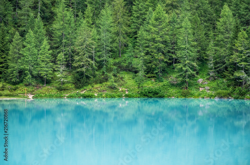 Forest and turquoise lake in the Dolomites apls  Italy. Sorapis lake in the Italy. Beautiful landscape at the summer time