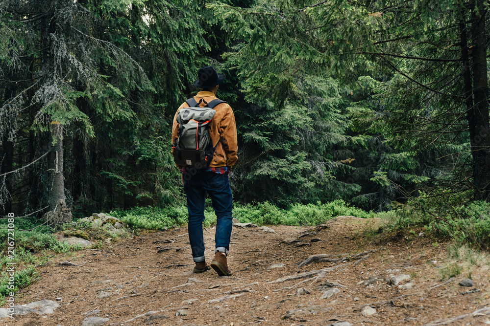 Hiker wearing hiking backpack and jacket on hike in forest. . Male hiker standing looking away. Hiker wearing hiking backpack and jacket on hike in forest. . Male hiker standing looking away.