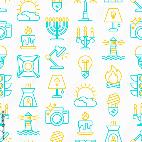 Lighting seamless pattern with thin line icons: bulb, LED, CFL, candle, table lamp, sunlight, spotlight, flash, candelabrum, bonfire, menorah, lighthouse, night aroma lamp. Modern vector illustration.