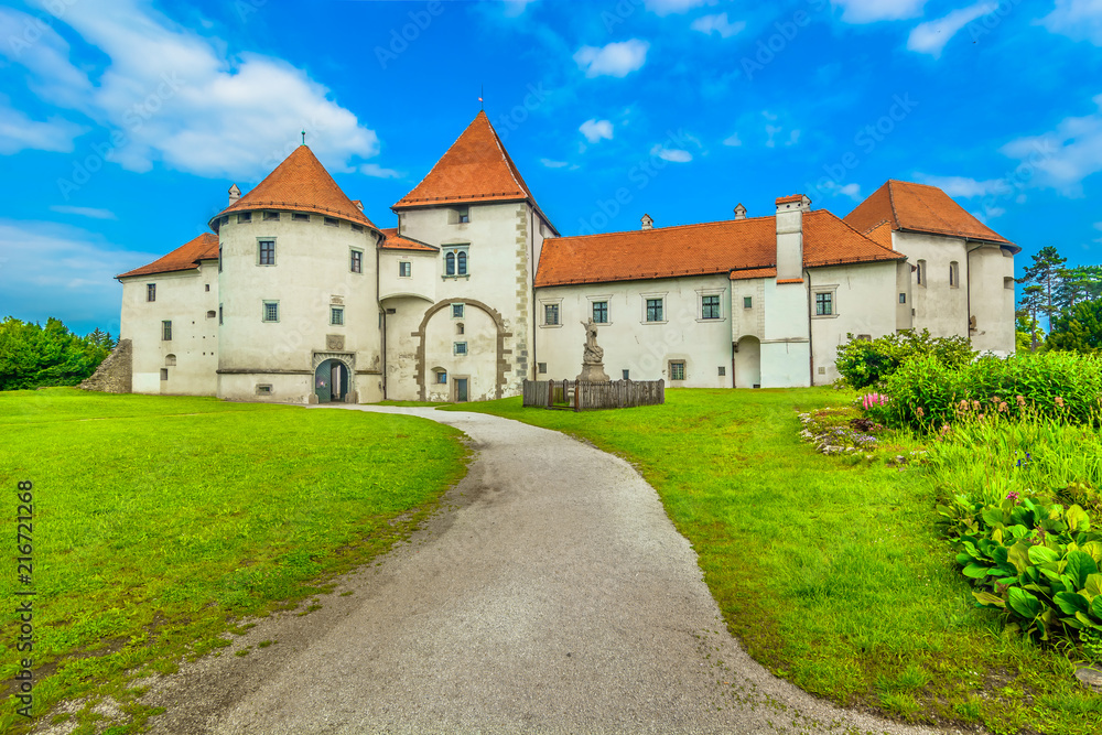 Varazdin town castle architecture. / Scenic view at old castle in Northern Croatia, famous landmark in Varzdin baroque city.