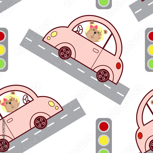 Cute pink car, traffic lights and automobile with a smiling baby bear girl. Small car with a blonde bear cub. Seamless pattern for bed cloth, plaid or blanket, bed linen, plaid, bedspread or coverlet.