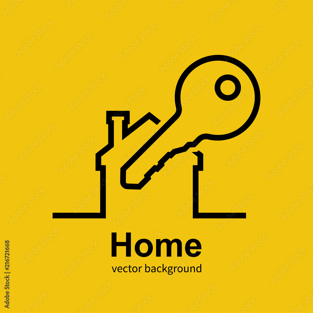 Home with a key isolated on background. Vector illustration flat design. Page template for sale and rent house.