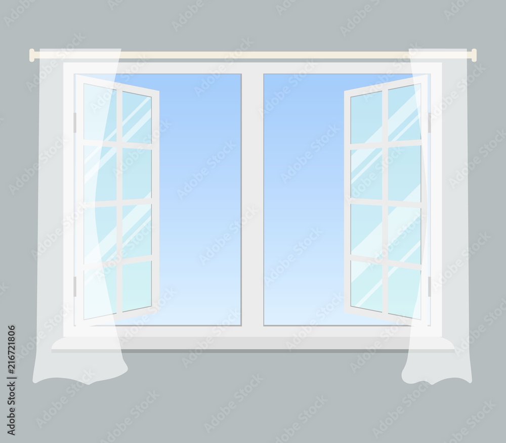 Open window with curtains on a gray background. Vector illustration