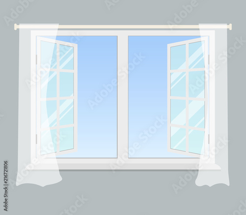 Open window with curtains on a gray background. Vector illustration