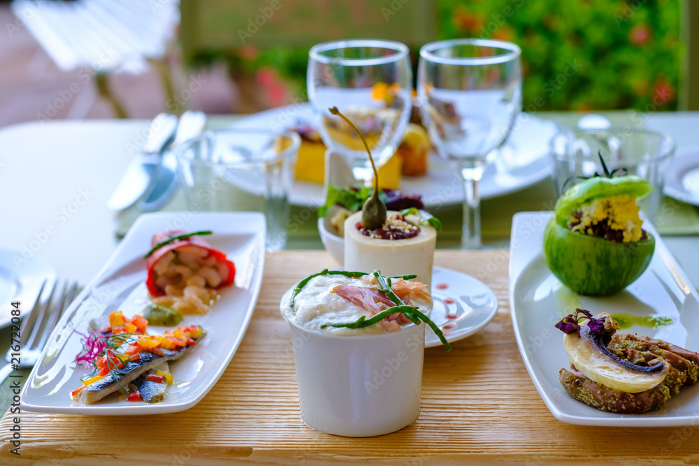 Plateau avec de petits plats: poivron farci, filet de sardines, crevettes, fromage de chevre, tartare de taureau, tomate verte farci, carpaccio d'agneau. Plateau avec de petits plats: poivron farci, filet de sardines, crevettes, fromage de chevre, tartare de taureau, tomate verte farci, carpaccio d'agneau.