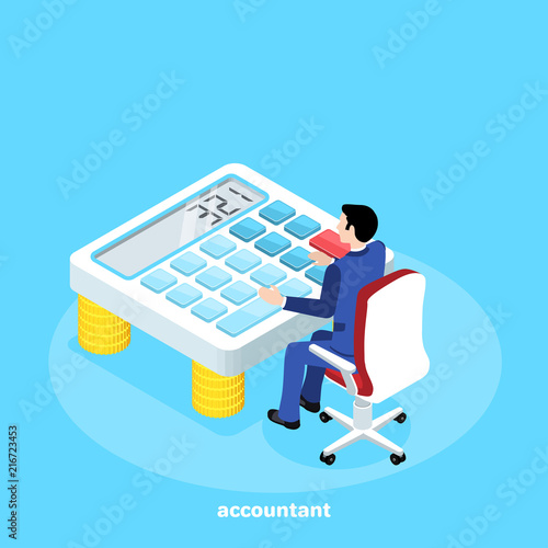 isometric image, a man in a business suit sits on an office chair behind a large calculator