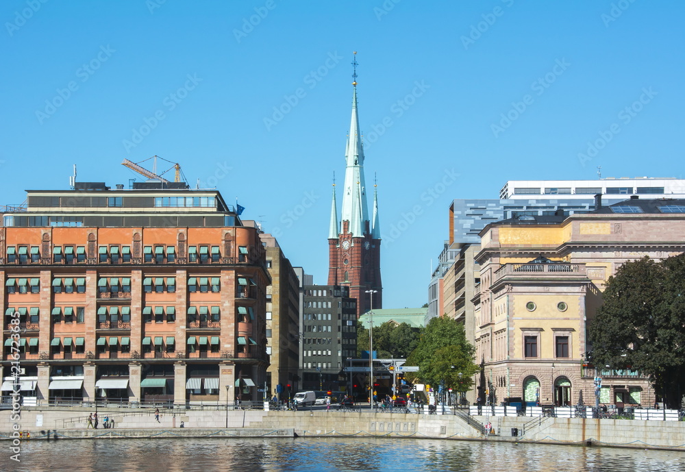 Saint Klara Church tower and Stockholm embankment, Sweden