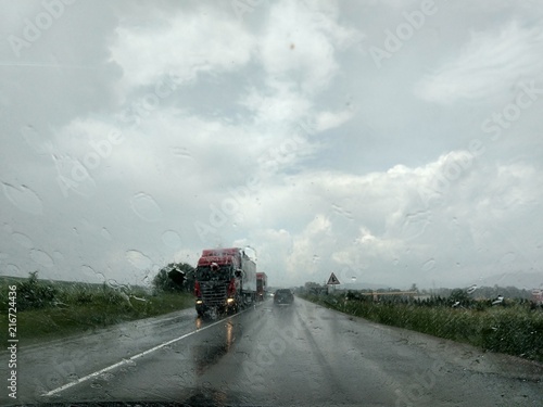 Truck on the road during rain. Slovakia