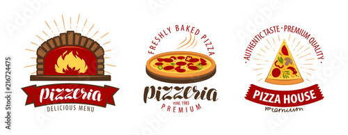 Pizza  pizzeria logo or symbol. Labels for menu design restaurant or cafe. Vector illustration
