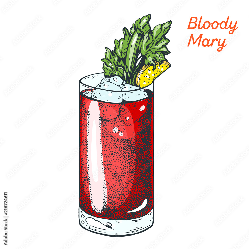 Bloody Mary cocktail illustration. Alcoholic cocktails hand drawn