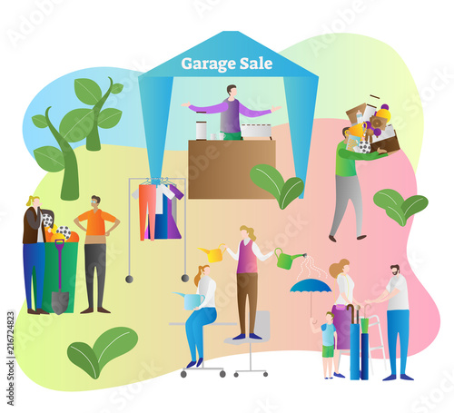 Garage sale vector illustration. Store and shop organize in house yard property to sell old and used items, things and household products. Process to clean your home.