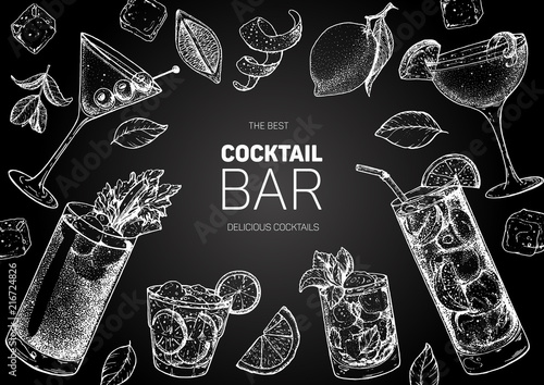 Alcoholic cocktails hand drawn vector illustration. Cocktails sketch set. Engraved style.