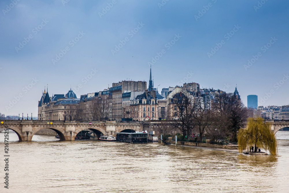 The Seine river, Pont Neuf  and the island of the city in Paris France