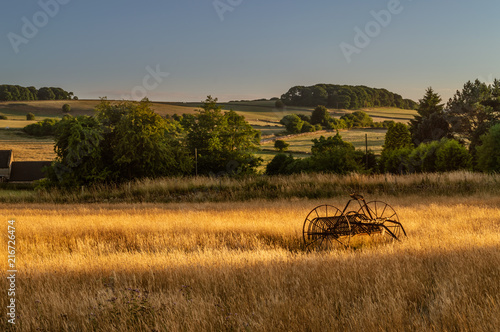Canvas Print Antique hay rake in a farmers field at sunset.