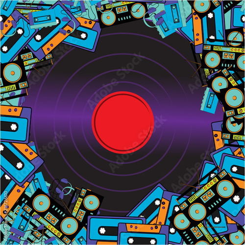 Texture frames from retro musicians old antiquarian hipster electronics appliances audio tape recorders audio cassettes and vinyl records from the 60s 70s 80s 90s. Vector illustration