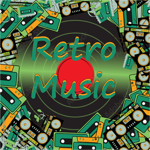 Texture frames inscription retro music from electronics appliances audio tape recorders audio cassettes and vinyl records from the 60s 70s 80s 90s. Vector illustration