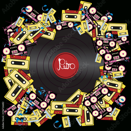 Texture frames from retro musicians old antiquarian hipster electronics appliances audio tape recorders audio cassettes and vinyl records from the 60s 70s 80s 90s. Vector illustration