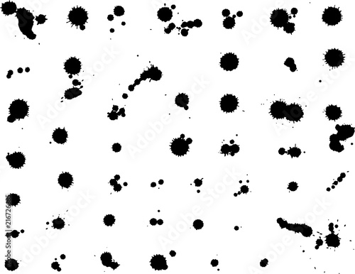 ink blot collection, big set of isolated spots, black drops on white background.