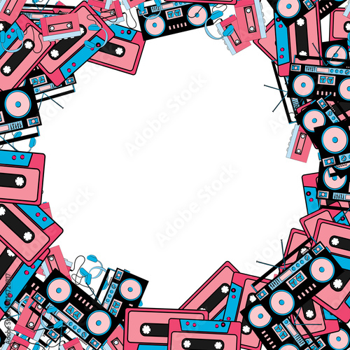 The texture of the retro frame of an old hipster from electronics music technology from audio players to players with headphones and audio cassettes from the 60s 70s 80s 90s. The background