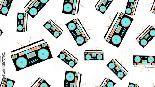 The texture is a seamless pattern from the retro music of the old antique hip with speakers of an audio tape recorder for audiocassettes from the 60s 70s 80s 90s. Vector illustration