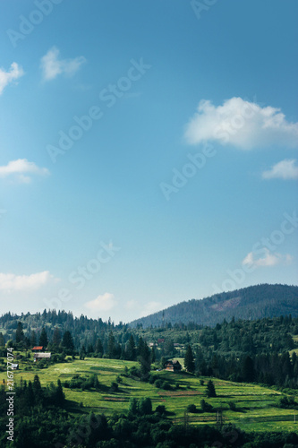 amazing beautiful view of mountains hills and valley on background of blue sky and clouds