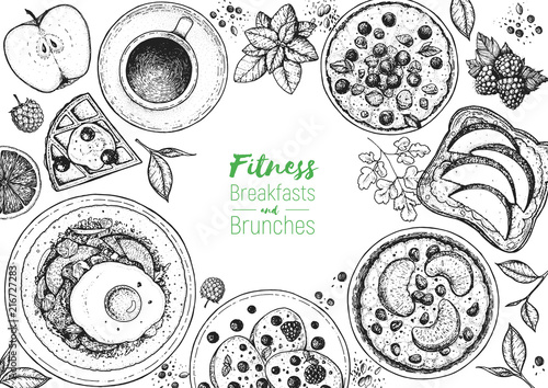 Breakfasts and brunches top view frame. Food menu, design. Vintage hand drawn sketch, vector illustration. Engraved style.