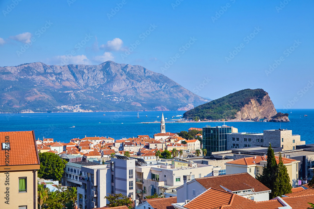 Old town in Budva in a beautiful summer day top view. Ancient city, medieval cities in the Adriatic Sea. Resort in Montenegro, Europe