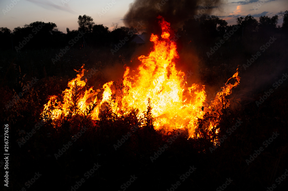 a strong fire in the open air