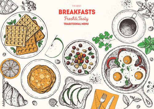 Breakfast top view frame. Morning food menu design. Breakfast dishes collection. Vintage hand drawn sketch, vector illustration. Engraved style.
