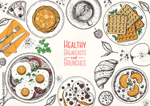 Breakfasts top view frame. Morning food menu design. Breakfast and brunches dishes collection. Vintage hand drawn sketch, vector illustration. Engraved style.