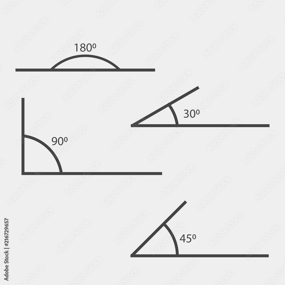 Angle of 180, 45,30,90 degrees vector illustration. The symbol of geometry,  mathematics. Set of vector icons consisting of angles of different degrees.  Stock Vector