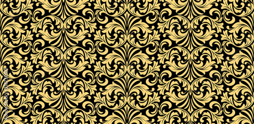 Wallpaper in the style of Baroque. Seamless vector background. Black and gold floral ornament. Graphic pattern for fabric, wallpaper, packaging. Ornate Damask flower ornament