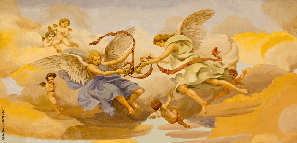 Fototapeta REGGIO EMILIA, ITALY - APRIL 13, 2018: The fresco of angels with the symbolic keys of St. Peter in church Chiesa di San Pietro by Anselmo Govi (1939).