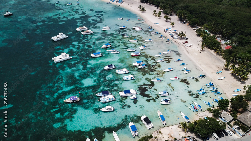 Yachts and boats in the bay. Beautiful bay with turquoise water. View from above