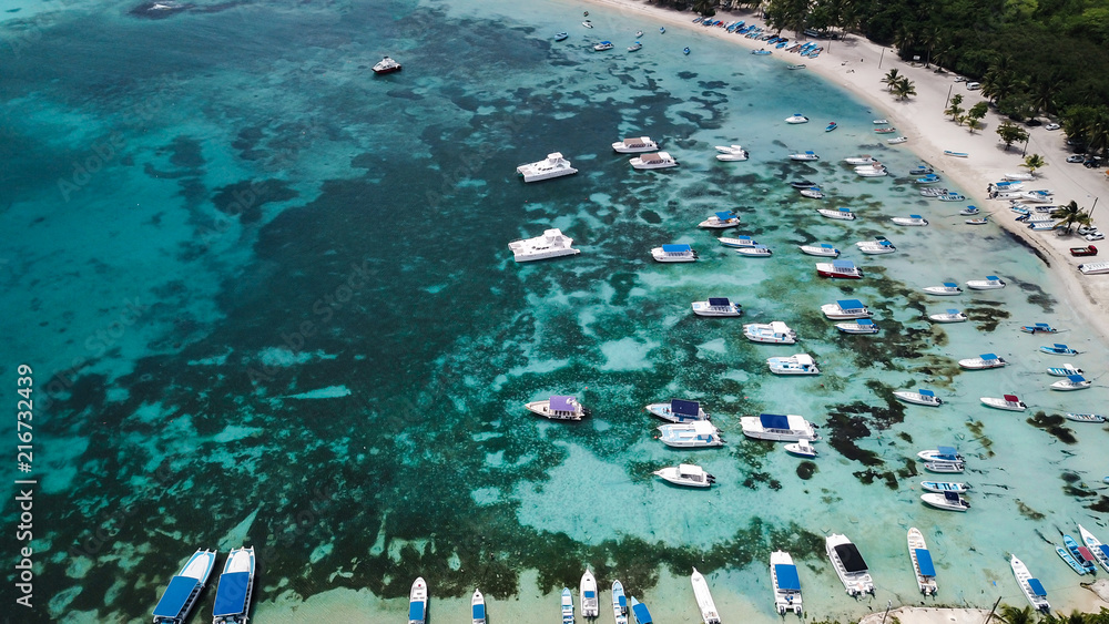 Yachts and boats in the bay. Beautiful bay with turquoise water. View from above