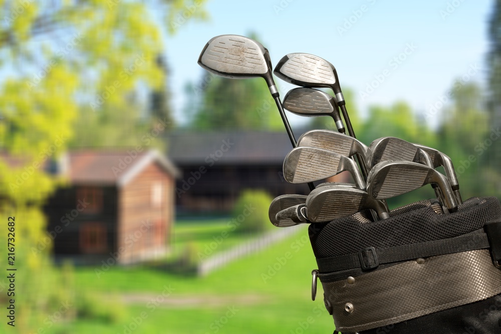 Fototapeta premium Different golf clubs on natural background