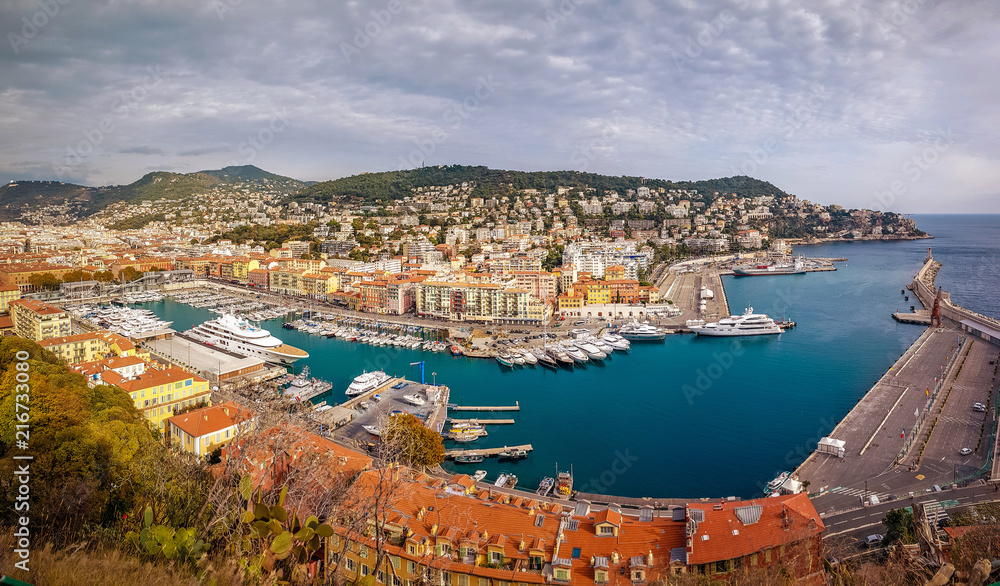 Nice, France, panoramic view of the bay, port, yachts