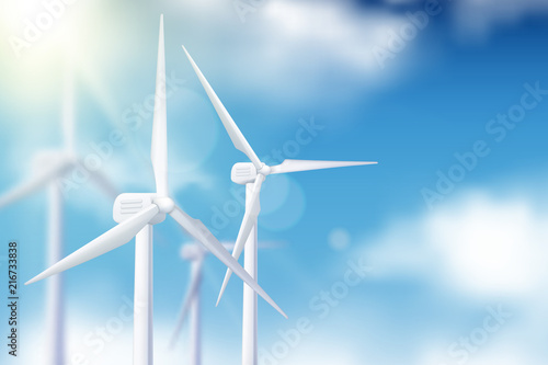 Vector realistic 3d illustration of wind turbine generator. Alternative eco energy technologies concept.