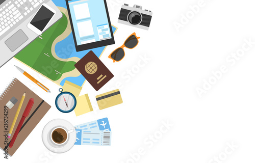 Vector flat lay vacation or journey planning illustration with map, laptop, tablet, notebook, compass, flight tickets, passport and credit card on white background with space for your text
