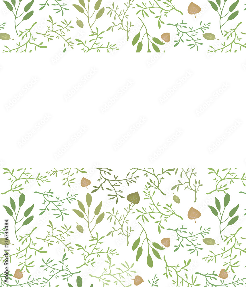 White strip on a postcard with a vector pattern with branches and leaves of brown and orange natural floral background. White strip on a postcard with a vector pattern with branches and leaves of brown and orange natural floral background.