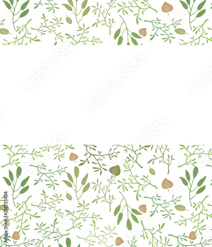 White strip on a postcard with a vector pattern with branches and leaves of brown and orange natural floral background.