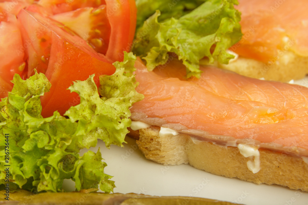 Dish of sandwiches with red fish tomato and greens. Dish of sandwiches with red fish tomato and greens.